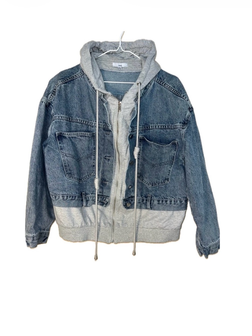 FATE Layered Hooded Denim Jean jacket Sweatshirt Combo Utility Steetwear M/L